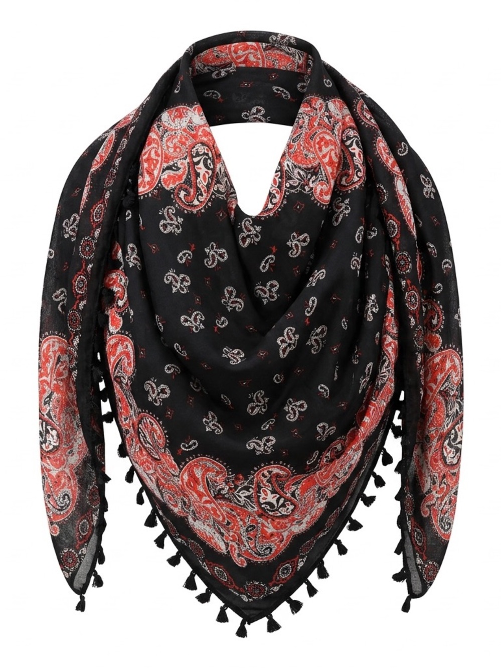 Paisley Tassel Triangle Scarf in Black and Red